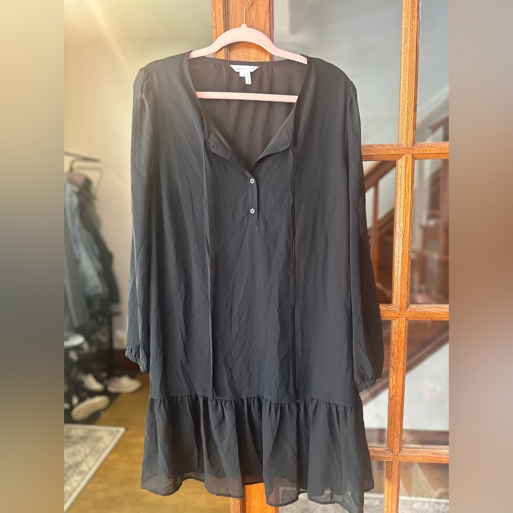 Women’s Black Chiffon FlounceDress with Buttons, Tie neck  and Ruffle Hem
